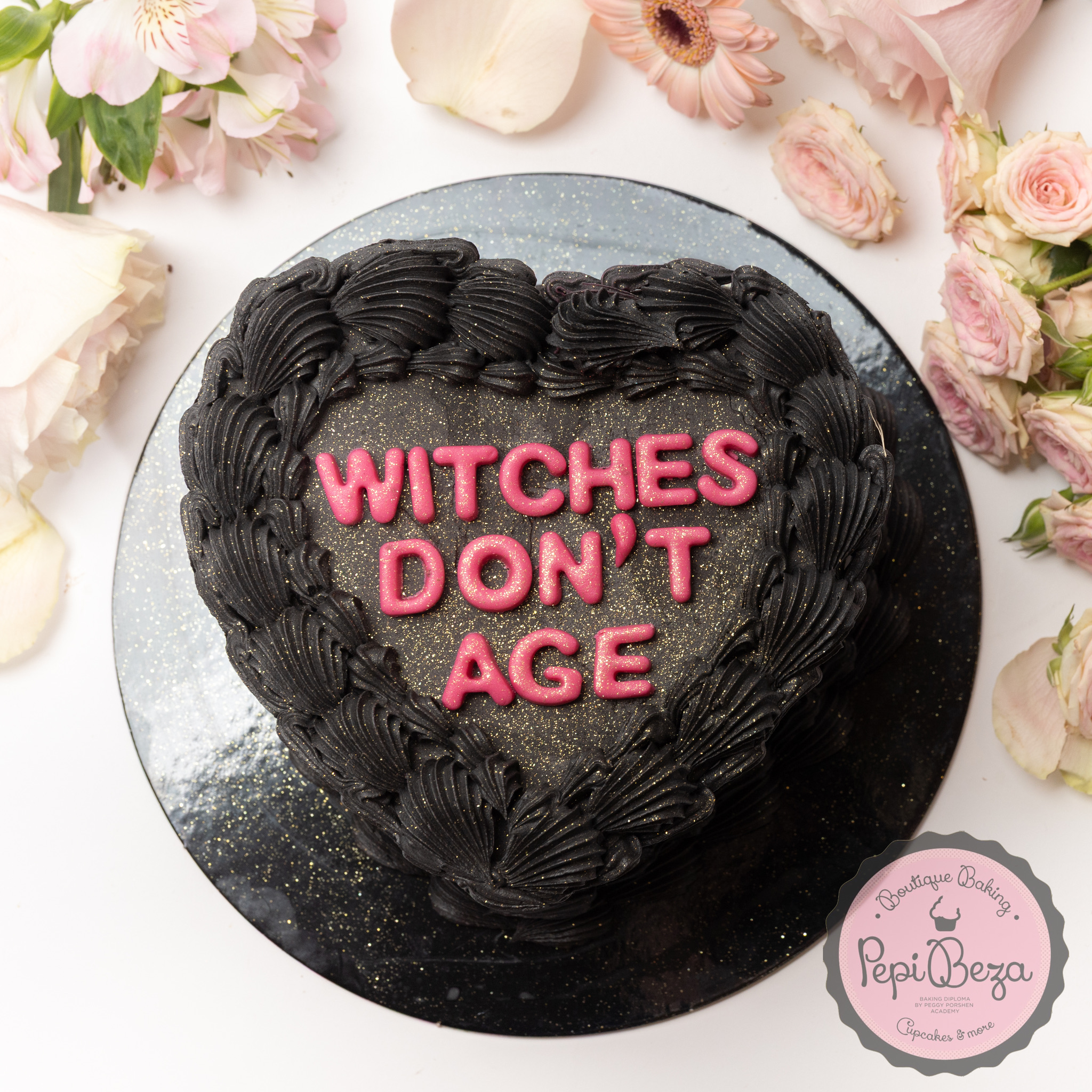 Witches Don’t Age Black Heart Party Cake