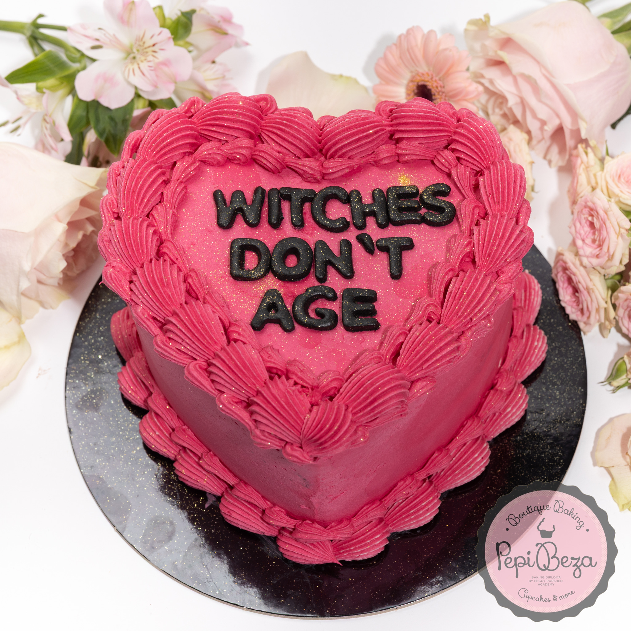 Witches Don’t Age Pink Heart Party Cake