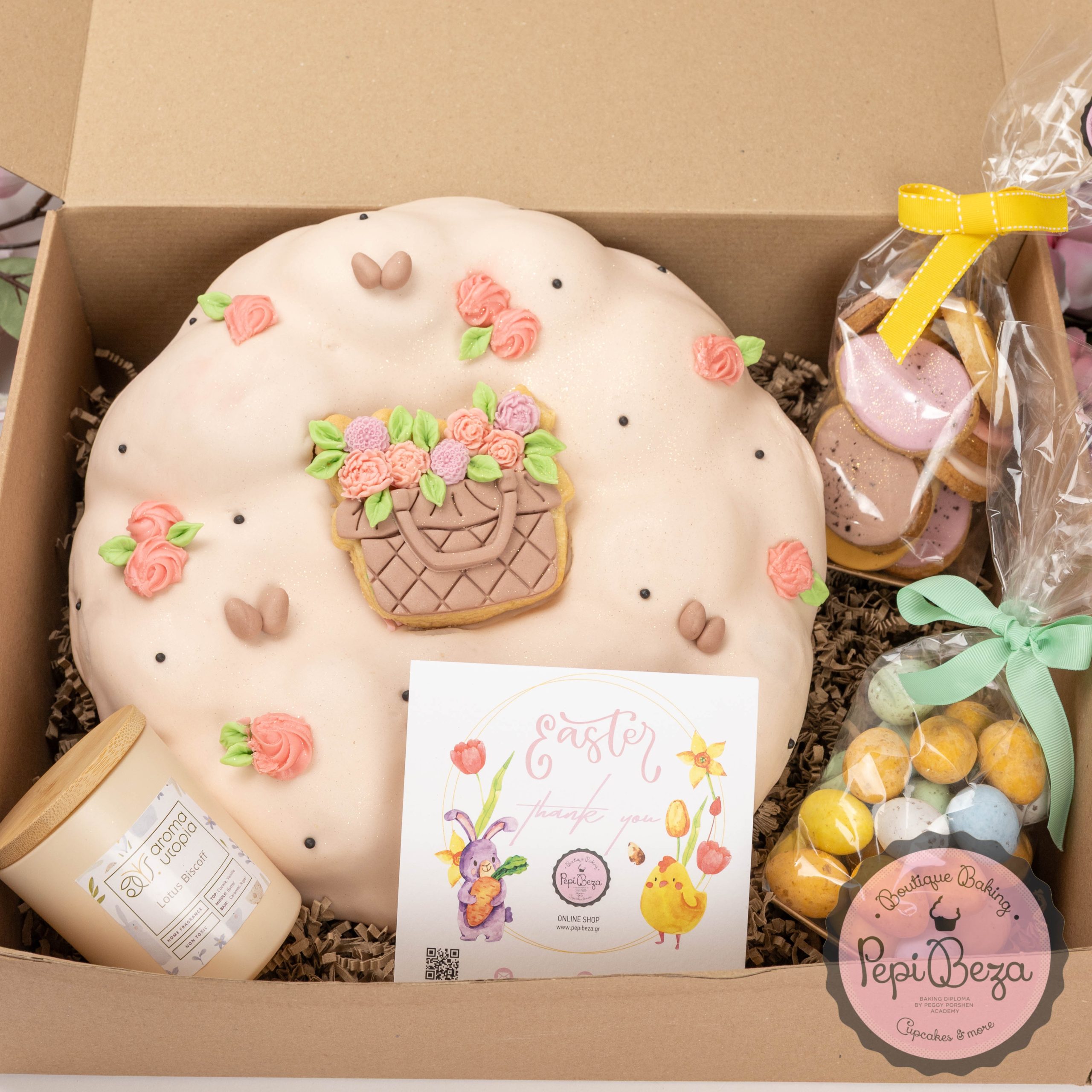 Easter Gift Box Πασχαλινό Τσουρέκι Καλάθι με Λουλούδια